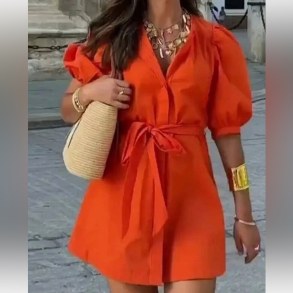 Zara Bold Orange Mini Dress with Puff Sleeves